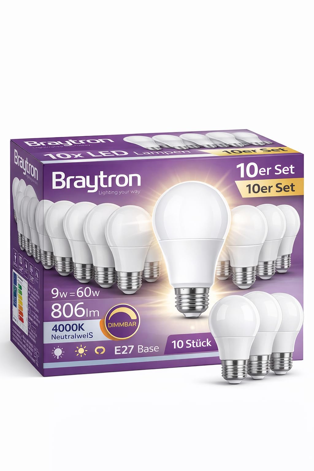 Braytron LED Lampe E27 9W dimmbar – 4000K Neutralweiß, 806 lm – Bild 3