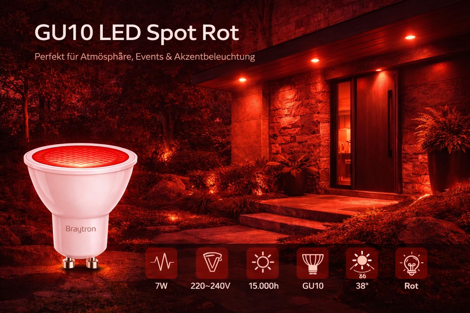 GU10 LED Spot 7W Rot 38° – 2er Set – farbige Akzentbeleuchtung – Bild 2