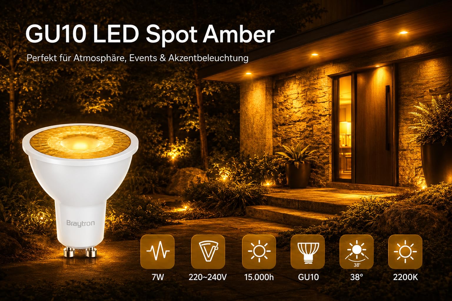 Braytron GU10 LED Spot Amber 7W 38° – 2er-Set – Bild 2