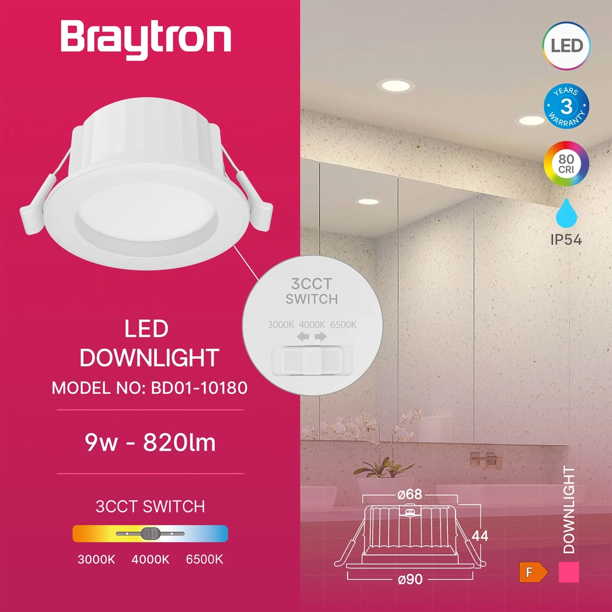 LED Einbaustrahler weiß 68mm 9W IP54 3in1 CCT – Feuchtraum geeignet – Bild 2