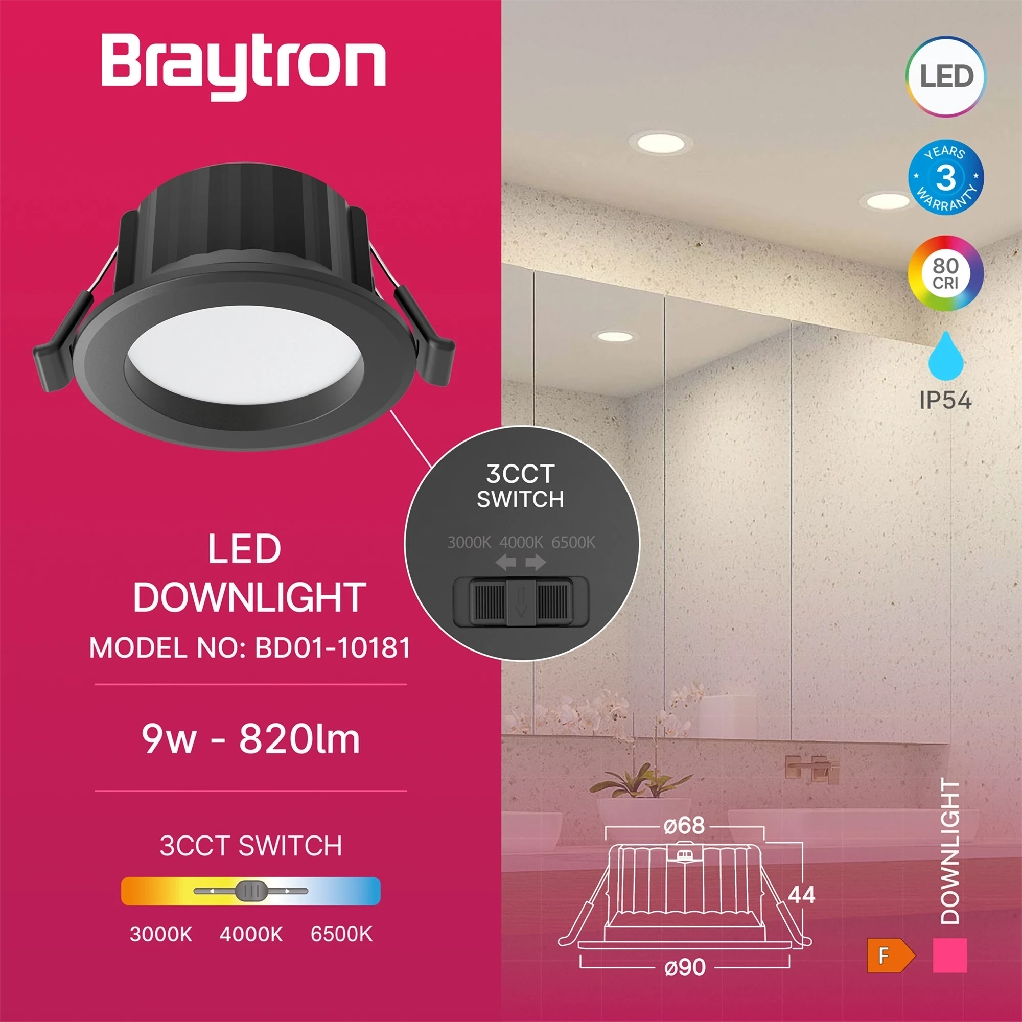LED Einbaustrahler 68mm 9W IP54 3in1 CCT – Feuchtraum geeignet – Bild 3