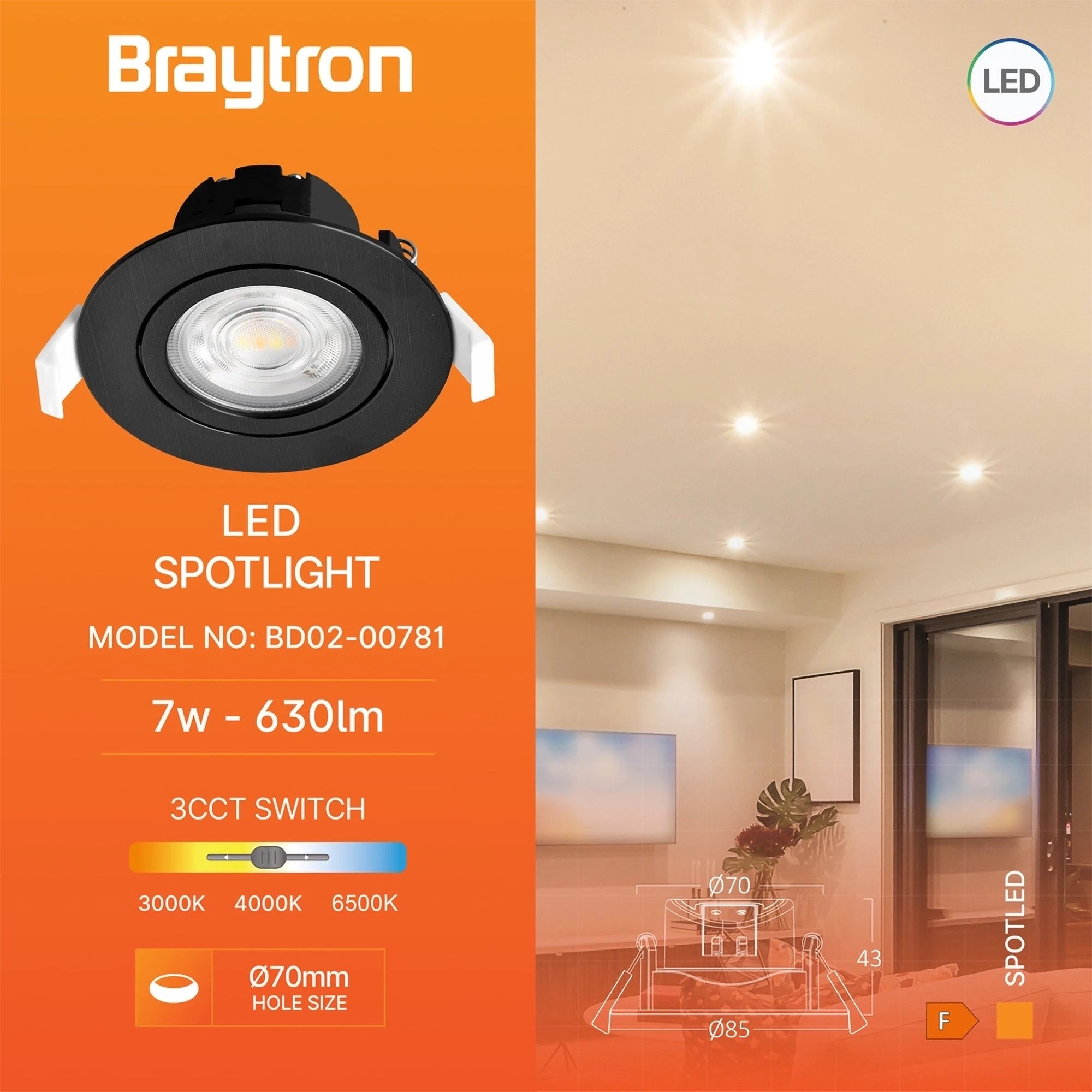 Braytron LED Einbaustrahler 7W 3CCT schwenkbar Ø85mm – Weiß – Bild 2