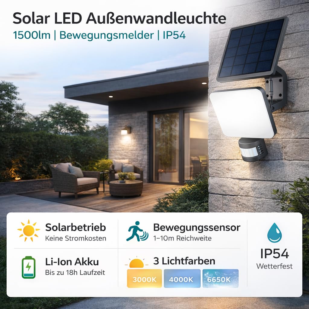 Solar LED Wandleuchte 15W | Außenleuchte mit Solarbetrieb – Bild 10
