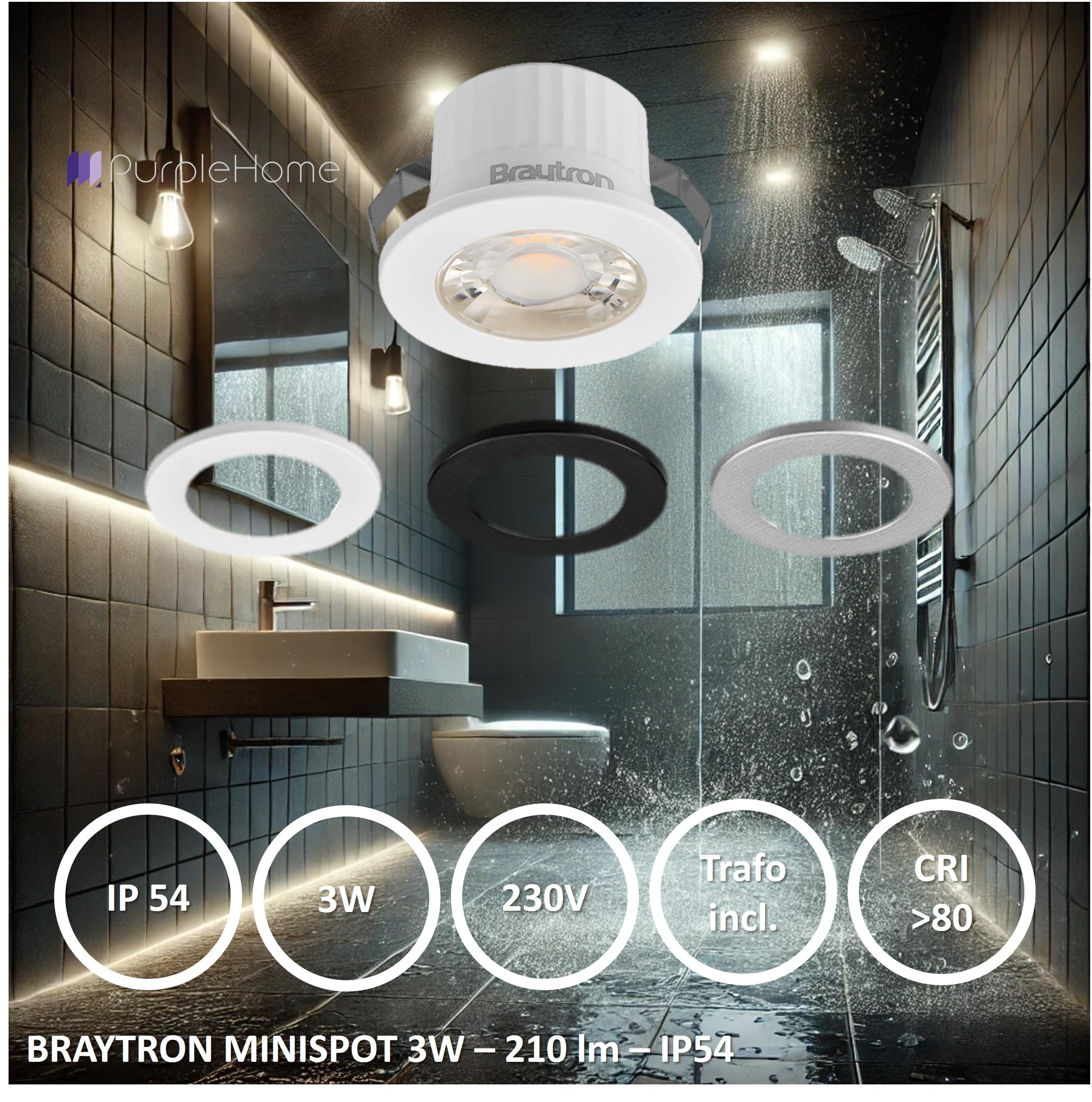 LED Minispot 3W – Mini Einbaustrahler IP54, 3 Lichtfarben IP54 – Bild 2