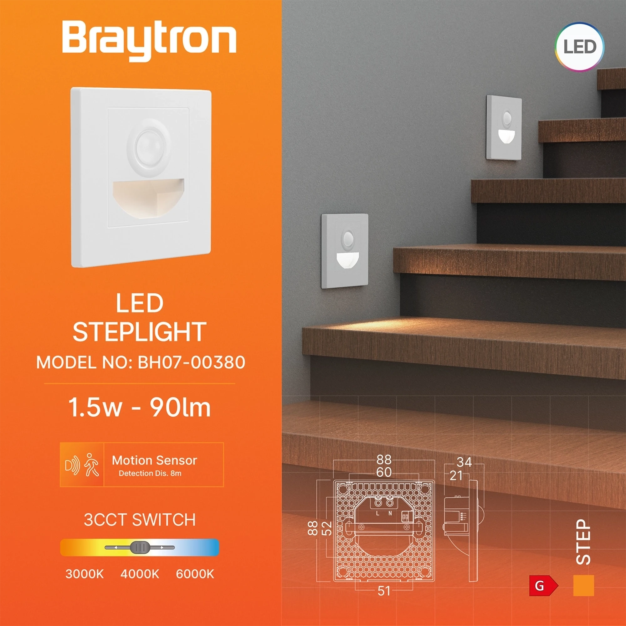 Braytron 1,5W LED Treppenlicht mit Bewegungsmelder – 3CCT, 90 lm, IP20 – Bild 2