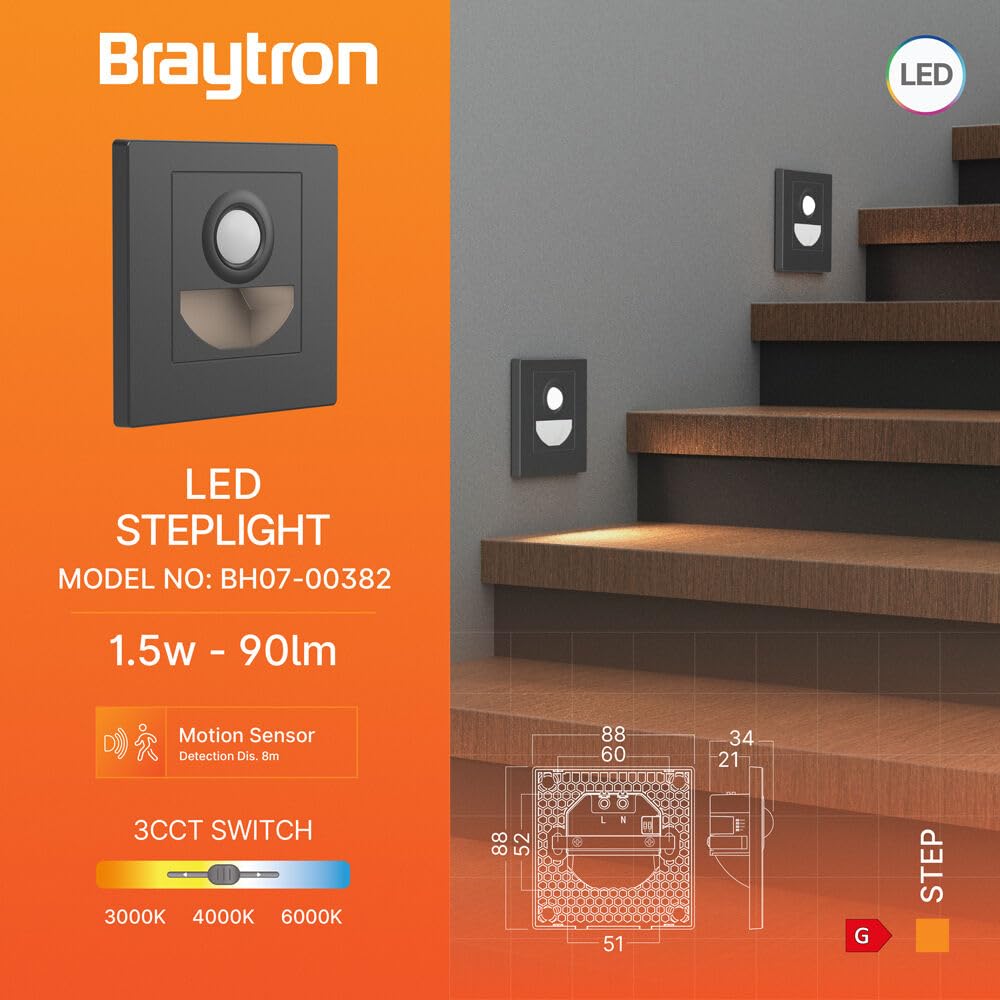 Braytron 1,5W LED Treppenlicht mit Bewegungsmelder – 3CCT, 90 lm, IP20 – Bild 8