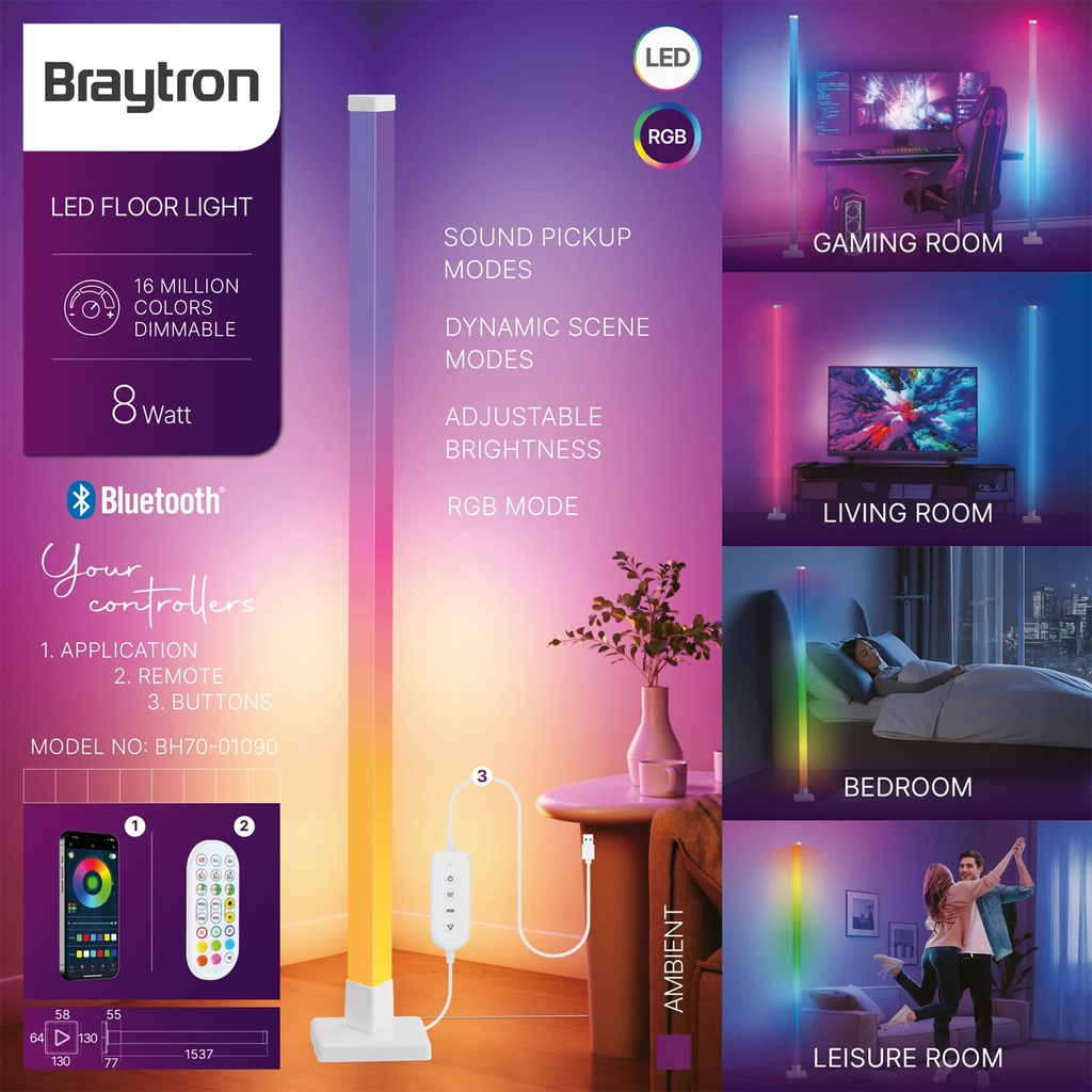 Braytron RGBW LED Stehleuchte 154 cm 8W dimmbar mit App & Fernbedienung Weiß – Bild 2