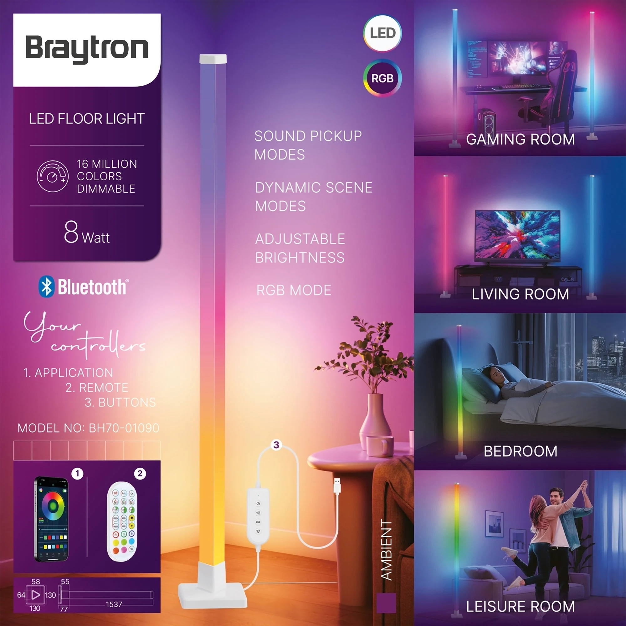 Braytron RGBW LED Stehleuchte 154 cm 8W dimmbar mit App & Fernbedienung Weiß – Bild 2