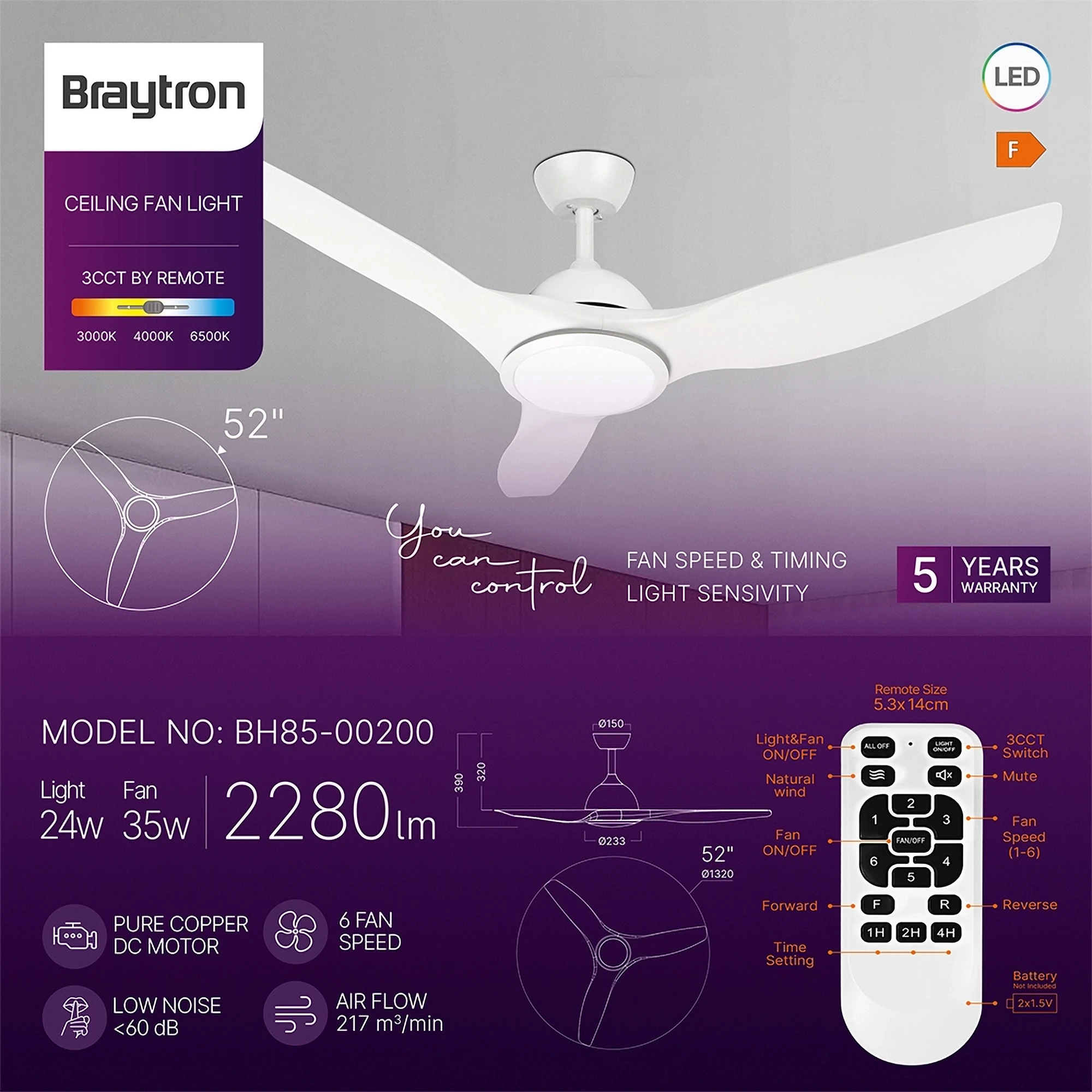 LED Deckenventilator 132cm mit Licht 2280lm 3CCT Weiß – Bild 3