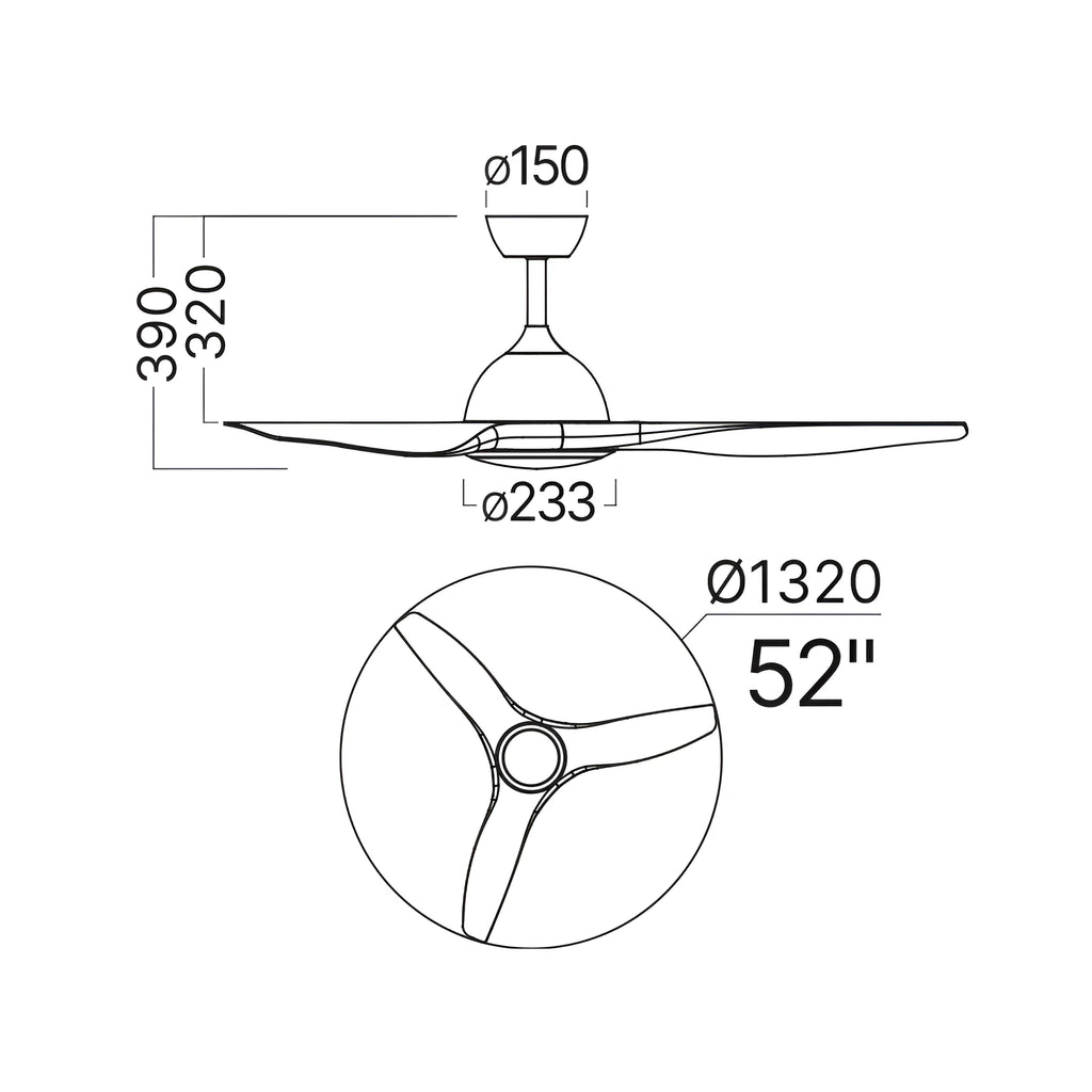 LED Deckenventilator 132cm mit Licht 2280lm 3CCT Weiß – Maßzeichnung