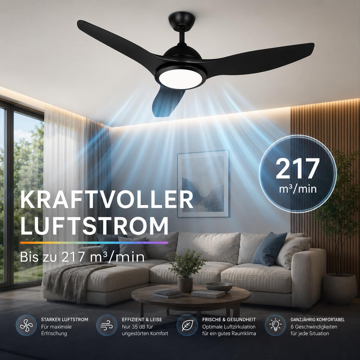 LED Deckenventilator 132cm mit Licht 2280lm 3CCT Schwarz