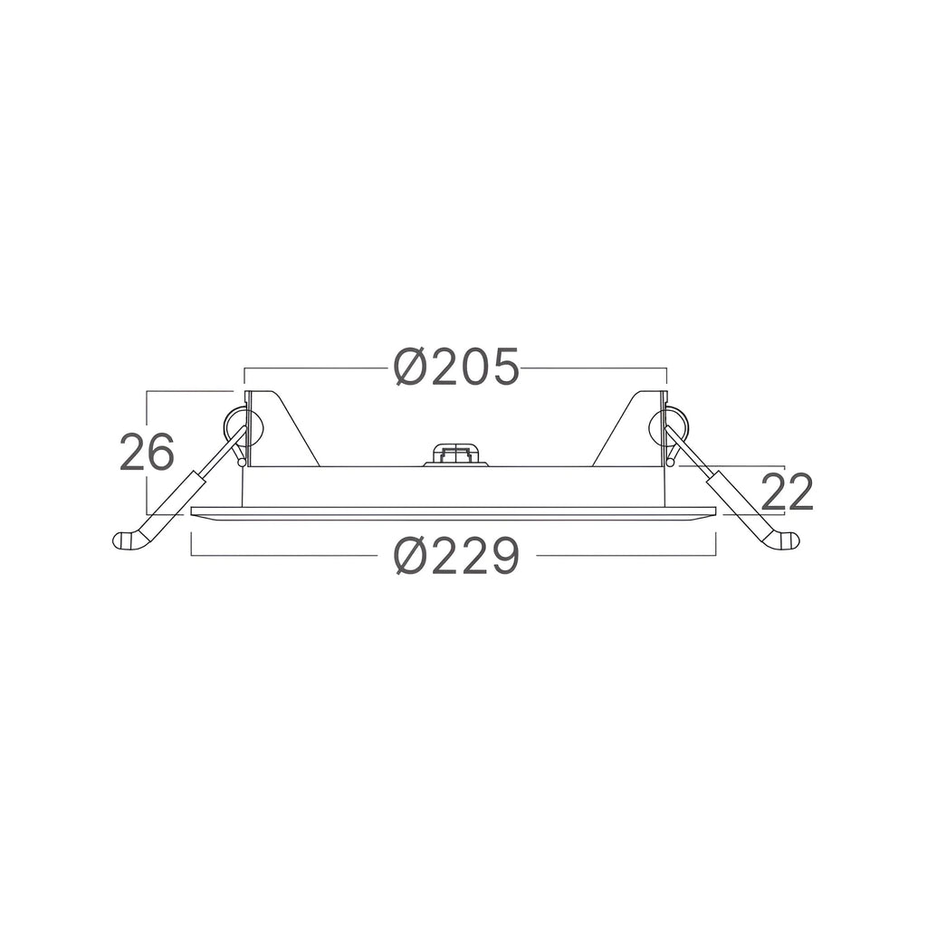 LED Panel Einbaustrahler 18W Dimmbar 3CCT Schwarz – Ø205 mm ultraflach 26 mm – Maßzeichnung