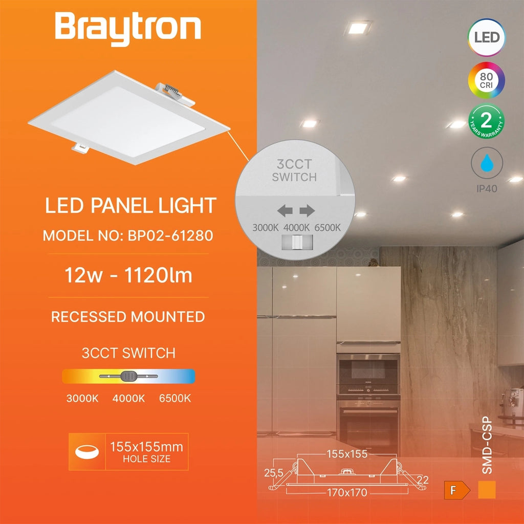 Braytron LED Eckige Panel Einbaustrahler Einbauleuchte Flach 12W 3CCT 230V Unterputz – Bild 5
