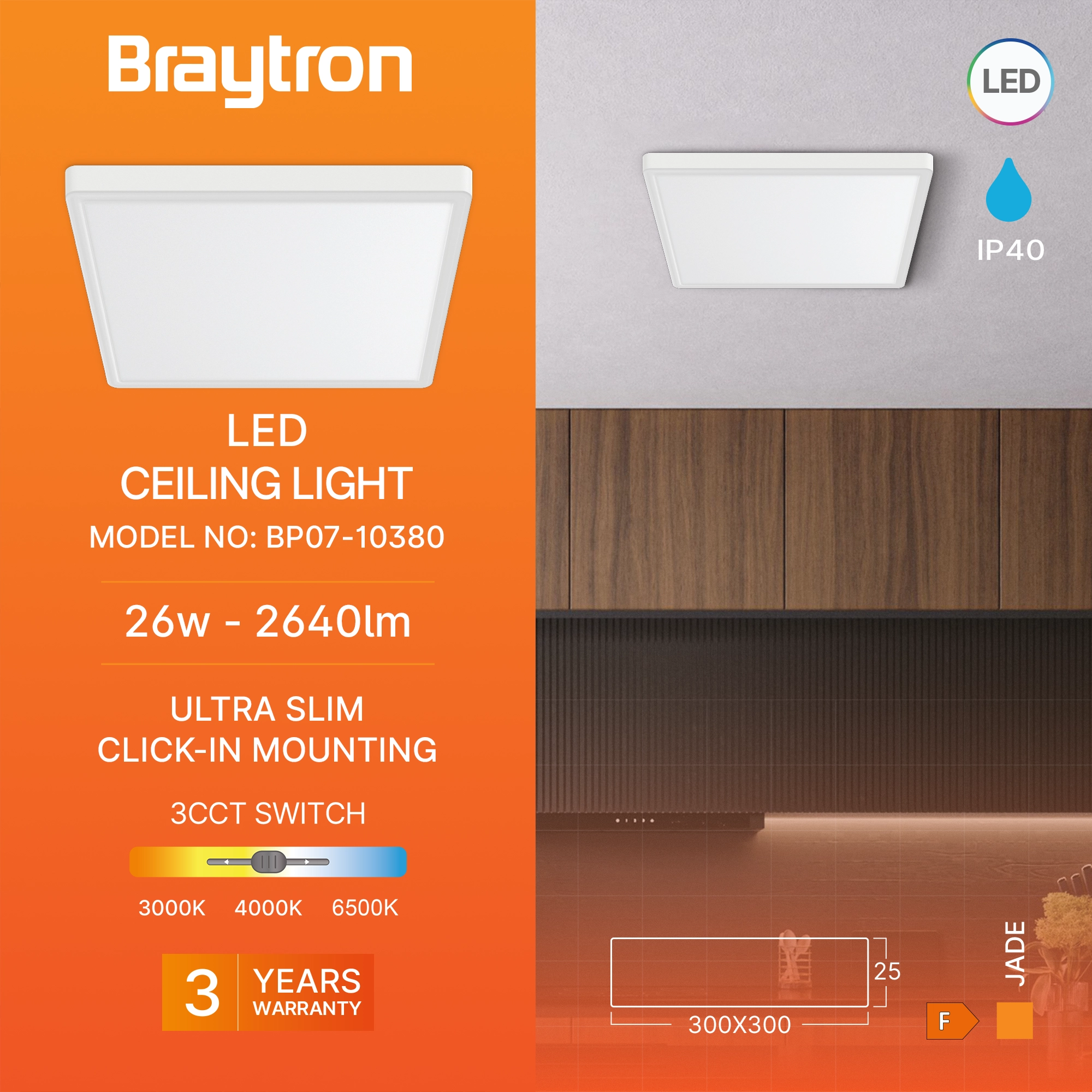 LED-Deckenleuchte eckig 26 W 30×30 cm 3 Lichtfarben, Weiß – Bild 3