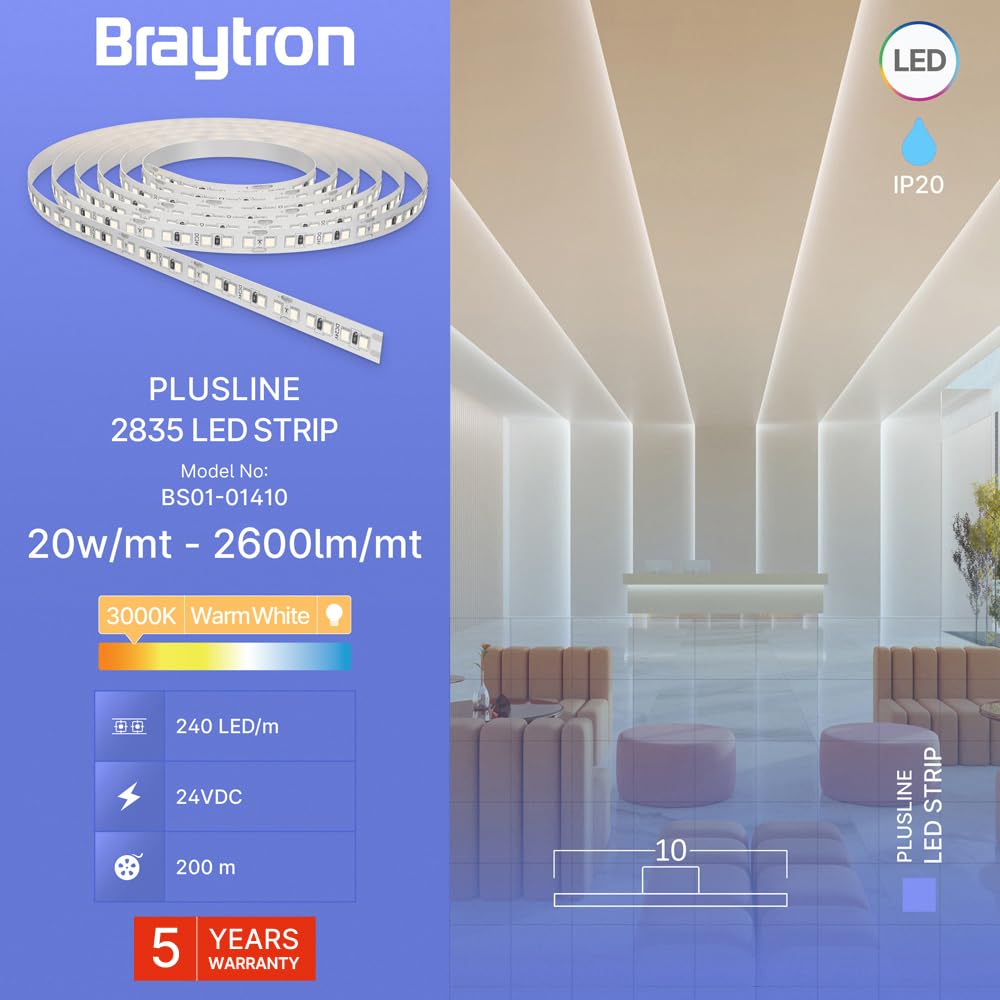 Braytron LED Streifen 10m 24V – 240 LED/m, 3000K Warmweiß Rolle – Bild 2