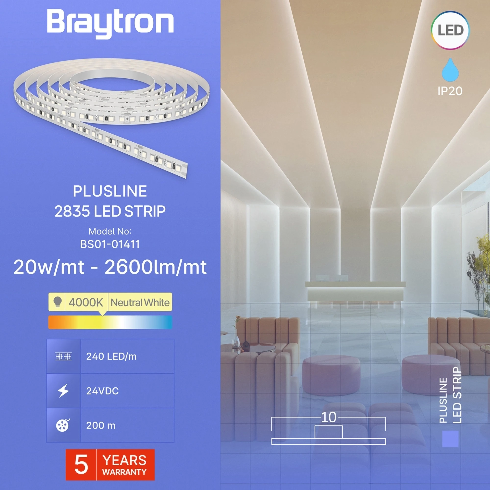 Braytron LED Streifen 10 Meter Rolle 24V –Extrem Hell 20W/m –240 LED/m –2600lm/m –CRI80 –13.000 Lumen – selbstklebend 3M – LED Strip Band IP20 – 3000K / 4000K / 6500K (5 Jahre Garantie) (Neutralweiß 4.000K) – Bild 3