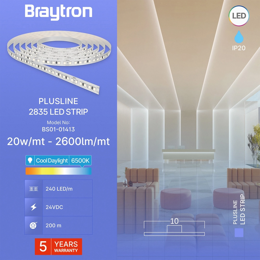 Braytron LED Streifen 10 Meter Rolle 24V –Extrem Hell 20W/m –240 LED/m –2600lm/m –CRI80 –13.000 Lumen – selbstklebend 3M – LED Strip Band IP20 – 3000K / 4000K / 6500K (5 Jahre Garantie) (Kaltweiß 6.500K) – Bild 3