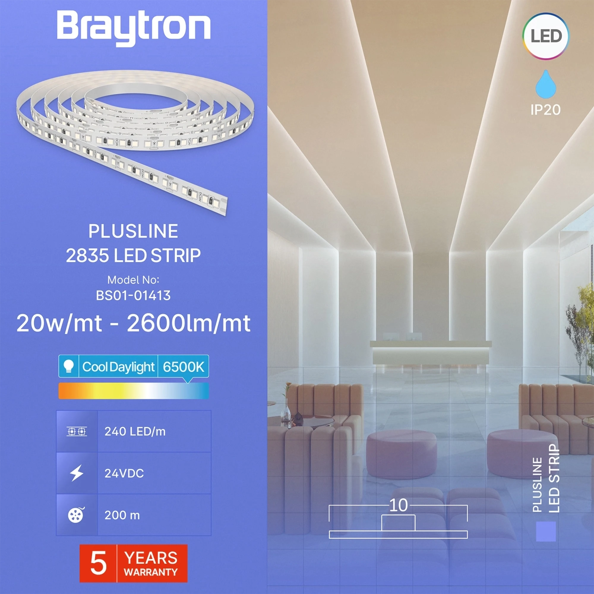 Braytron LED Streifen 10 Meter Rolle 24V –Extrem Hell 20W/m –240 LED/m –2600lm/m –CRI80 –13.000 Lumen – selbstklebend 3M – LED Strip Band IP20 – 3000K / 4000K / 6500K (5 Jahre Garantie) (Kaltweiß 6.500K) – Bild 3