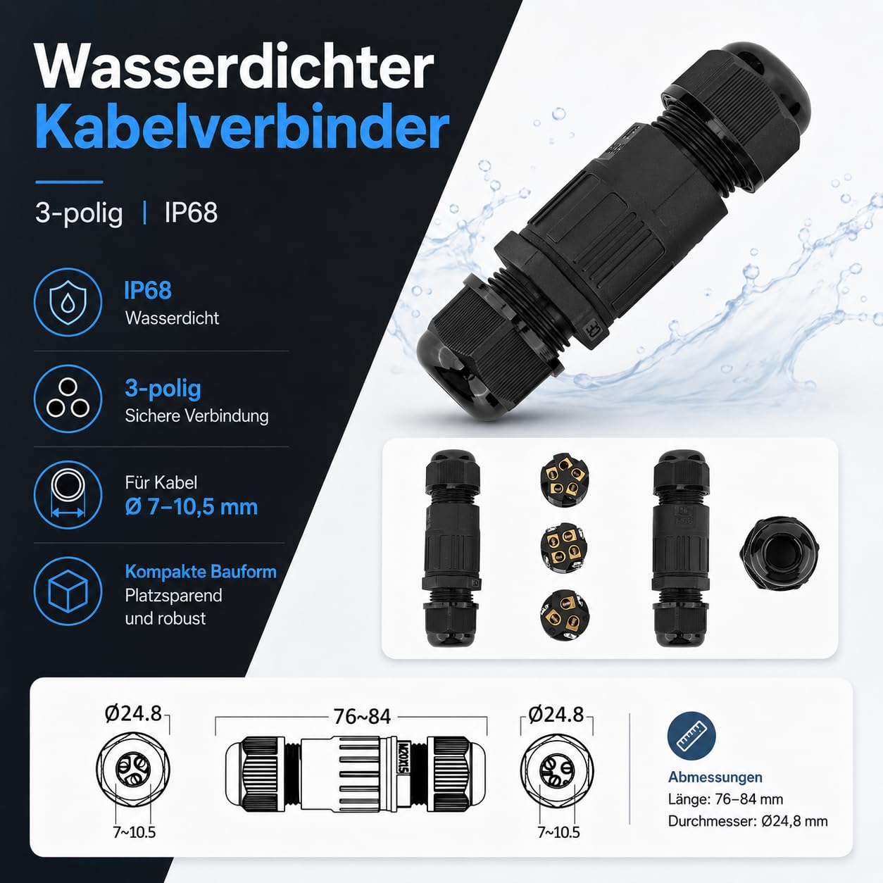 Braytron Kabelverbinder-Muffe 3-polig IP67 wasserdicht – Ø25 mm – Bild 2