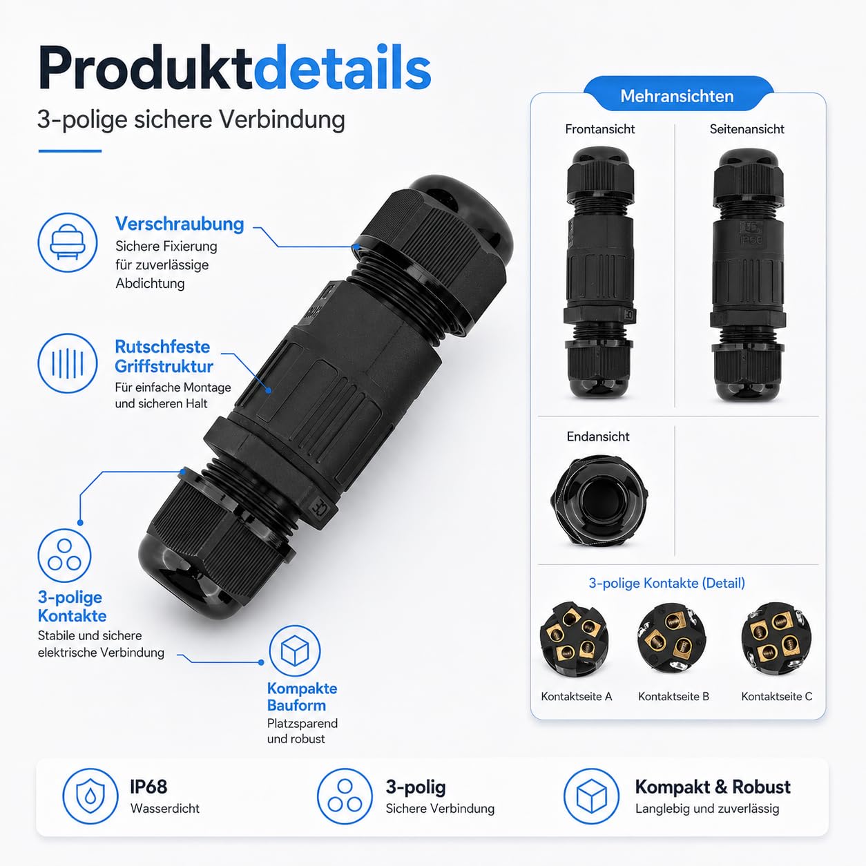 Braytron Kabelverbinder-Muffe 3-polig IP67 wasserdicht – Ø25 mm – Bild 5