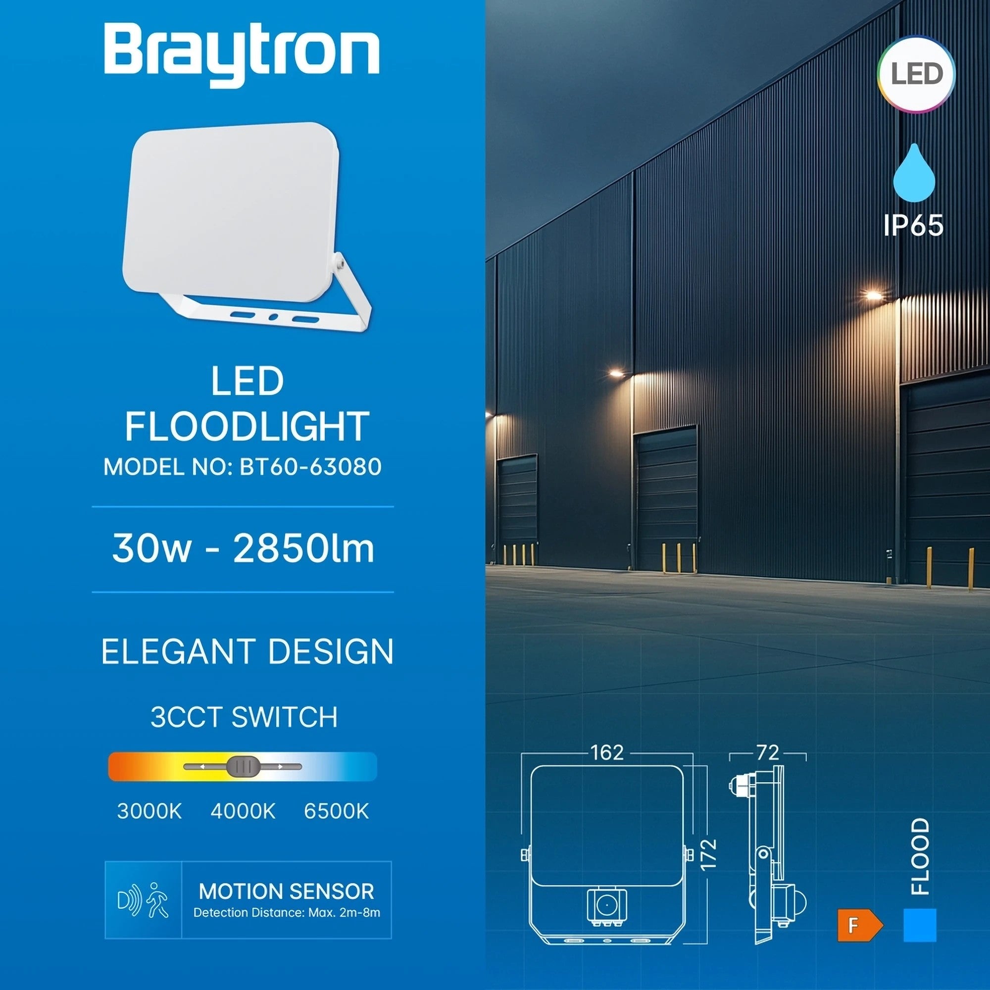Braytron LED Außenstrahler Fassadenstrahler 30W mit Bewegungsmelder IP65 2850lm 3CCT Fluter weiß – Bild 5