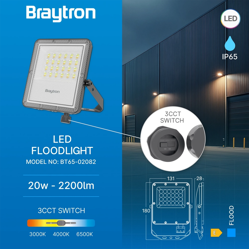 LED Flutlicht 20W IP65 – Braytron Außenstrahler 3CCT 3000–6500K, 2200 lm für Garten & Hof – Bild 6