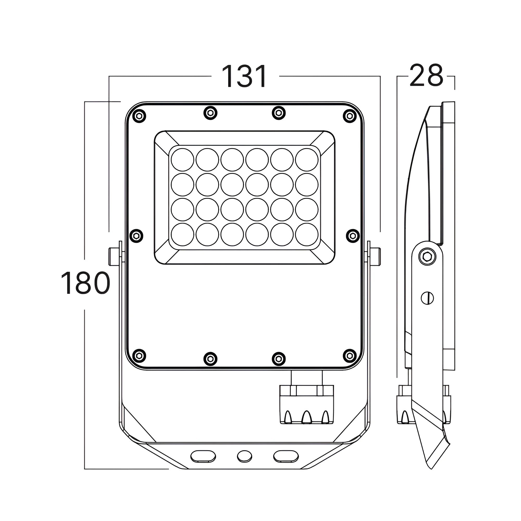 LED Flutlicht 20W IP65 – Braytron Außenstrahler 3CCT 3000–6500K, 2200 lm für Garten & Hof – Maßzeichnung