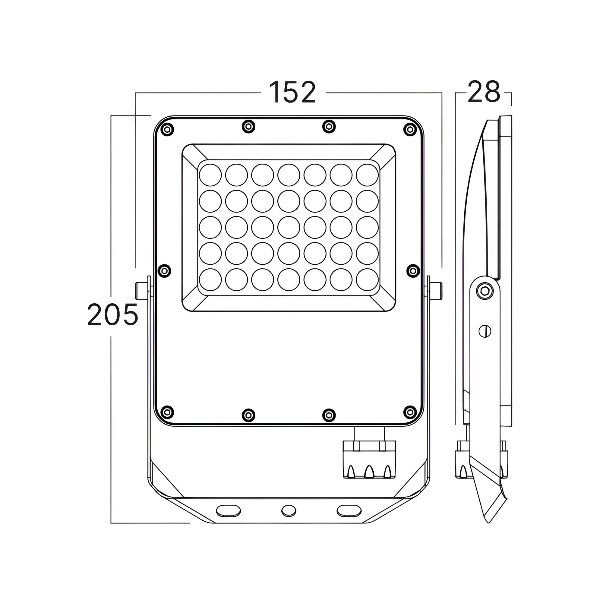 LED Flutlicht 30W IP65 – Braytron Außenstrahler 3CCT 3000–6500K, 3300 lm für Garten & Hof – Maßzeichnung