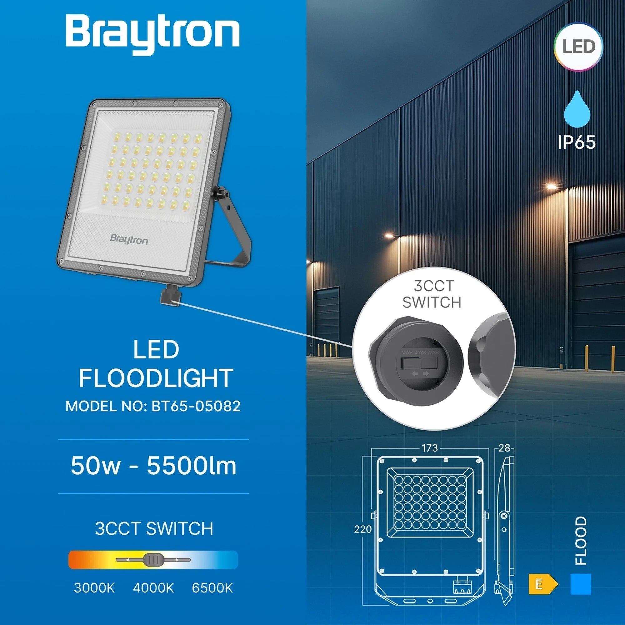 LED Flutlicht 50W IP65 – Braytron Außenstrahler 3CCT 3000–6500K, 5500 lm für Garten & Hof – Bild 5