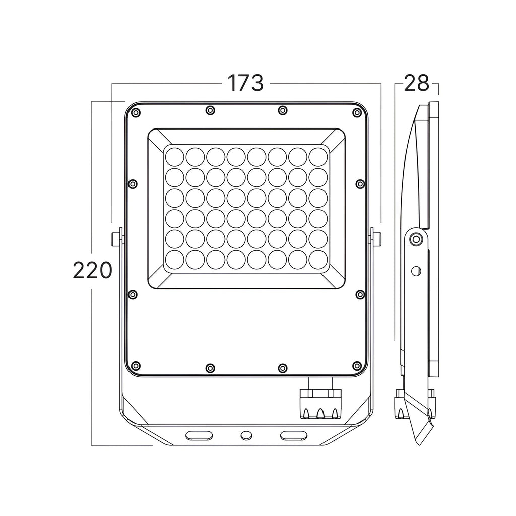 LED Flutlicht 50W IP65 – Braytron Außenstrahler 3CCT 3000–6500K, 5500 lm für Garten & Hof – Maßzeichnung