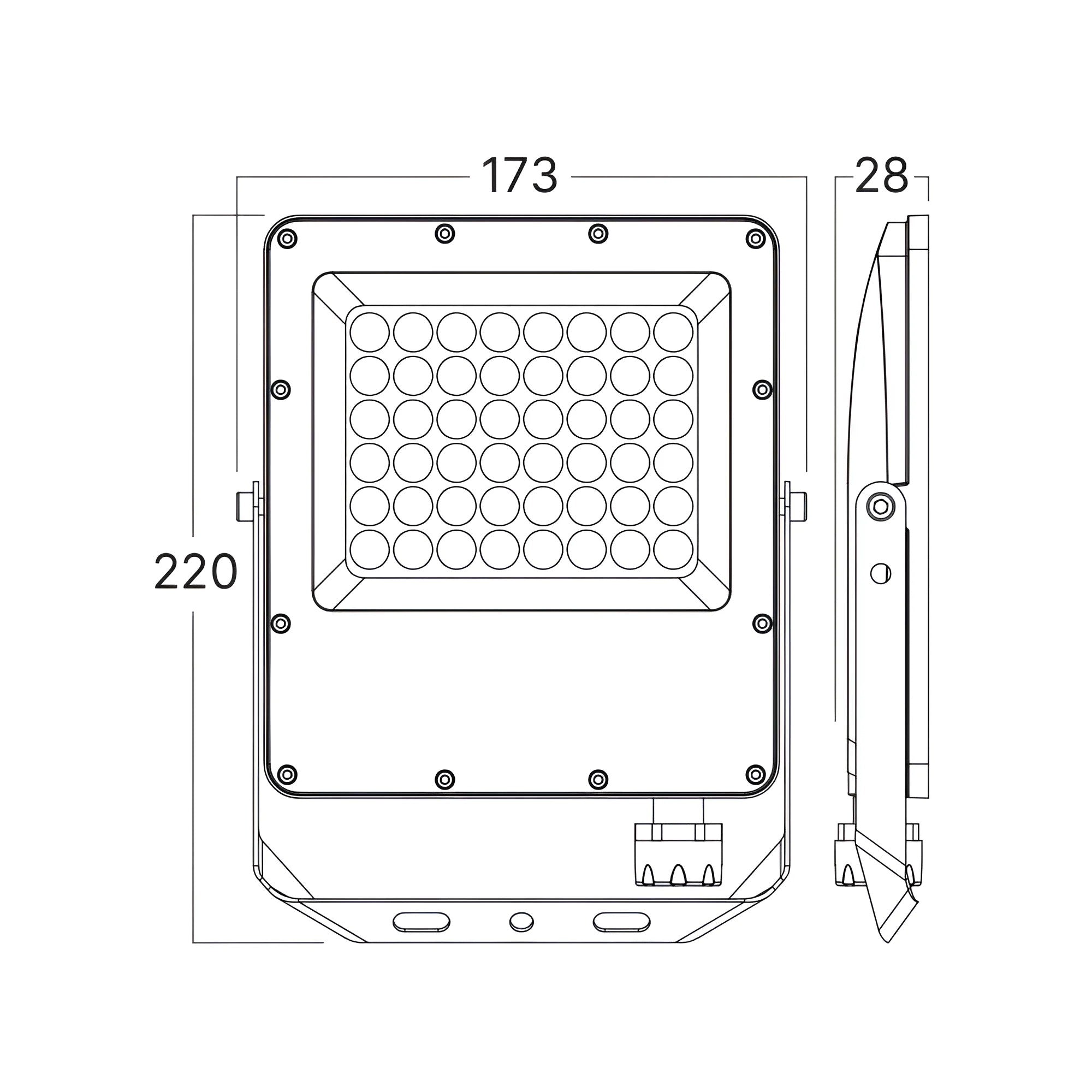 LED Flutlicht 50W IP65 – Braytron Außenstrahler 3CCT 3000–6500K, 5500 lm für Garten & Hof – Maßzeichnung