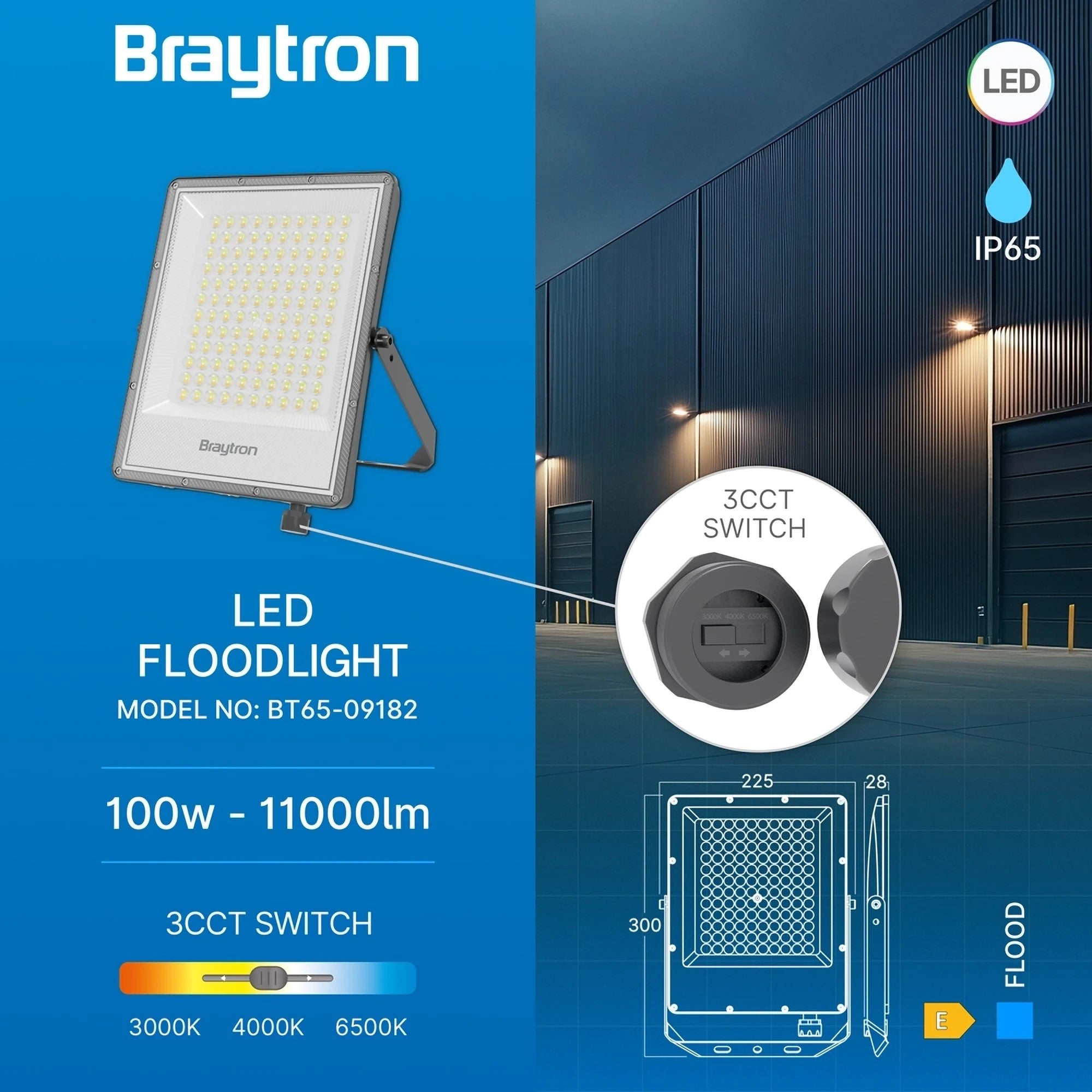 LED Flutlicht 100W IP65 – Braytron Außenstrahler 3CCT 3000–6500K, 11000 lm für Garten & Hof – Bild 5