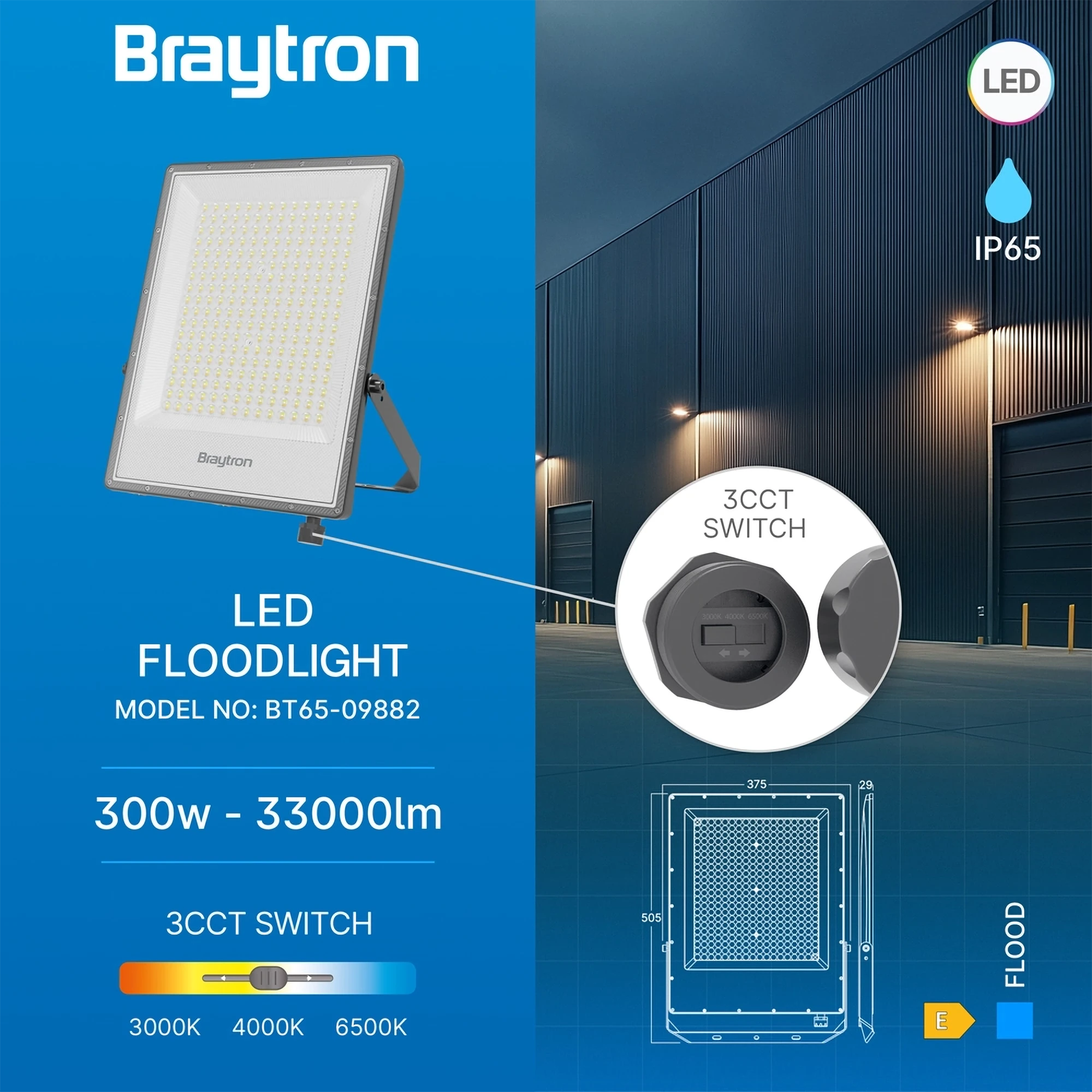 LED Flutlicht 300W IP65 – Braytron Außenstrahler 3CCT 3000–6500K, 33000 lm für Garten & Hof – Bild 6