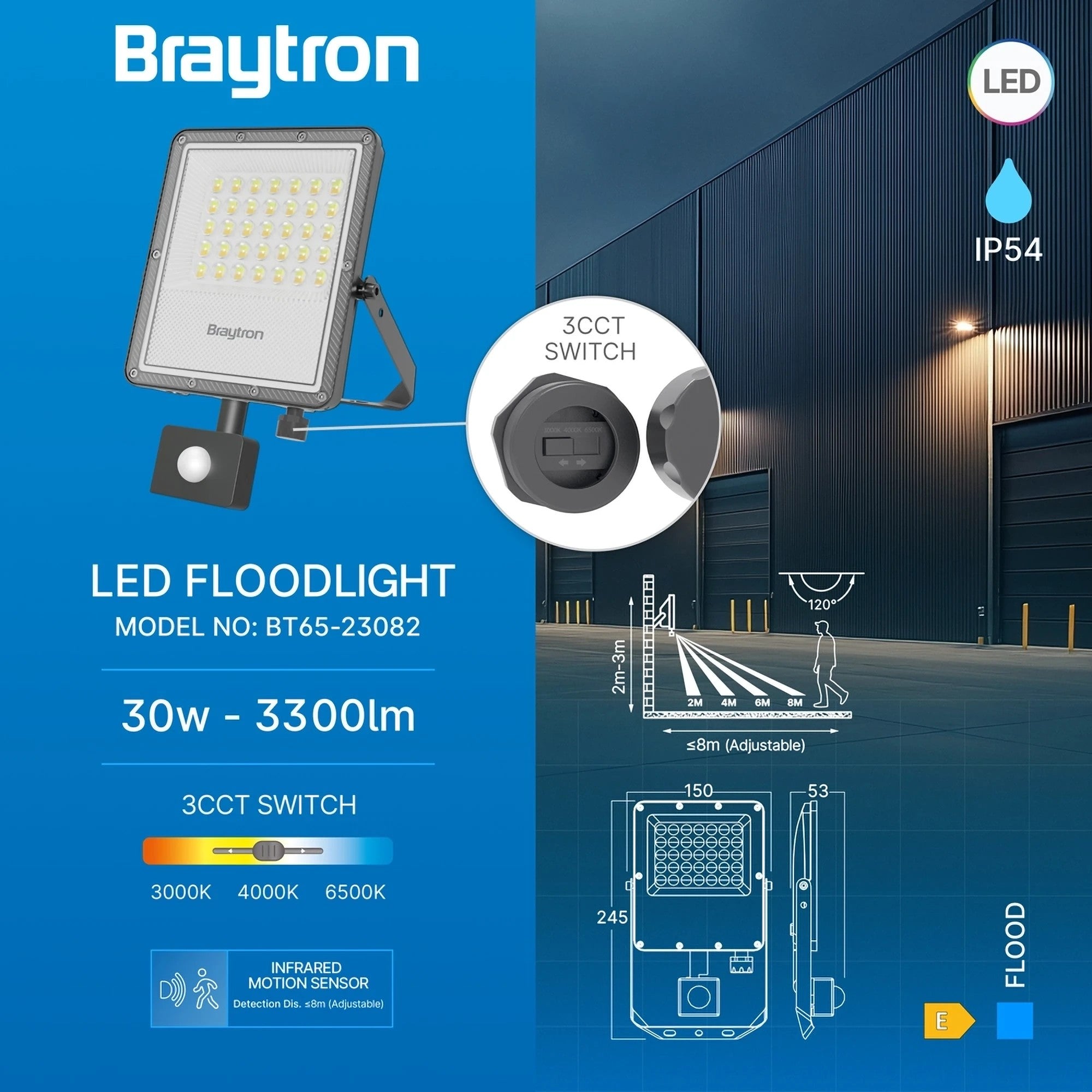 LED Flutlichtstrahler 30W 3300lm Bewegungsmelder 3CCT IP54 Garten Einfahrt Außen Braytron – Bild 5