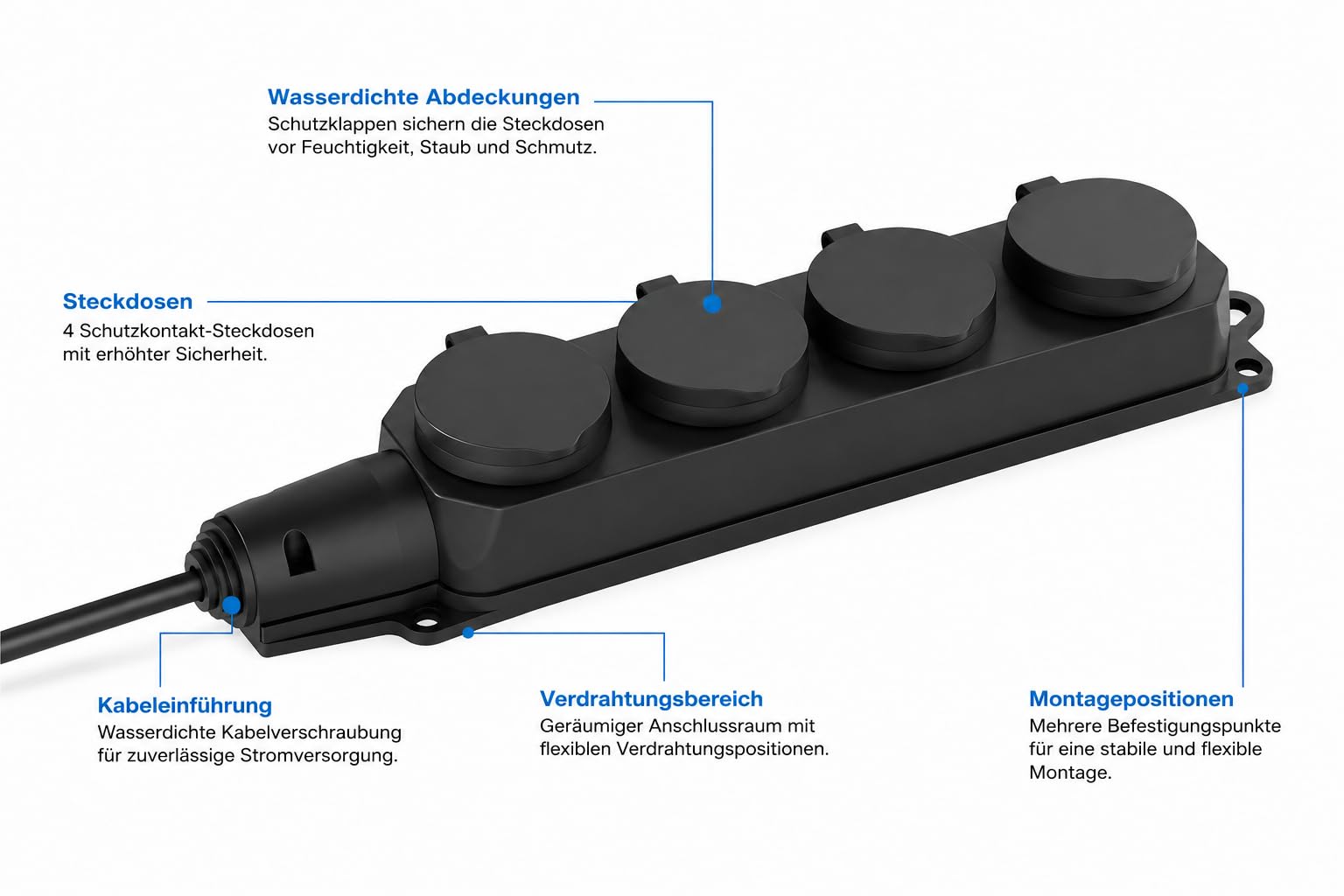 4-fach Verteilersteckdose IP44 Outdoor, Schwarz – Bild 3