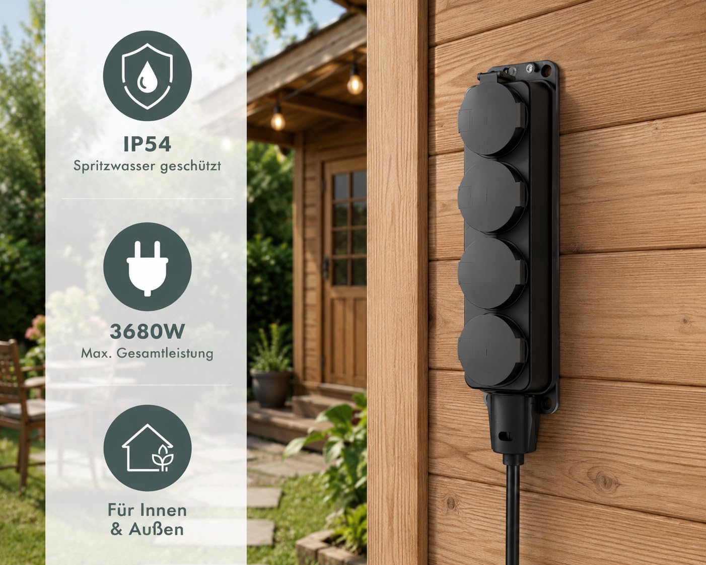 4-fach Verteilersteckdose IP44 Outdoor, Schwarz