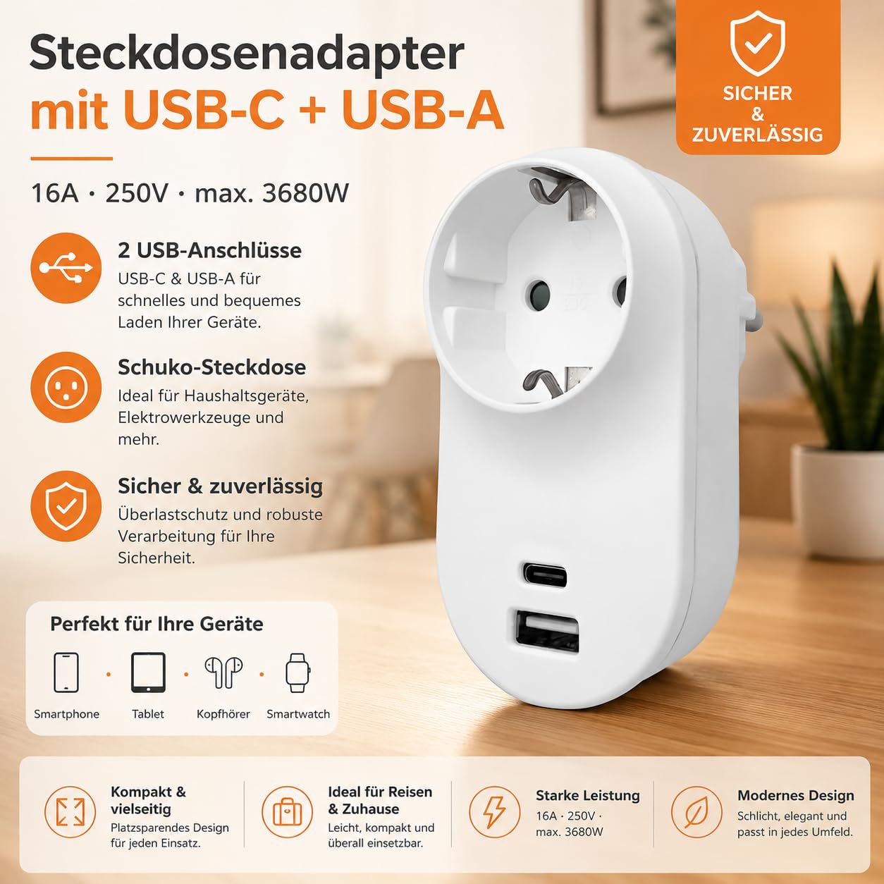 Schuko-Steckdose mit USB-C & USB-A 3,4 A, Weiß – Bild 3
