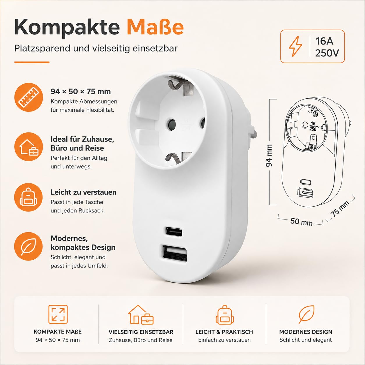 Schuko-Steckdose mit USB-C & USB-A 3,4 A, Weiß – Bild 4