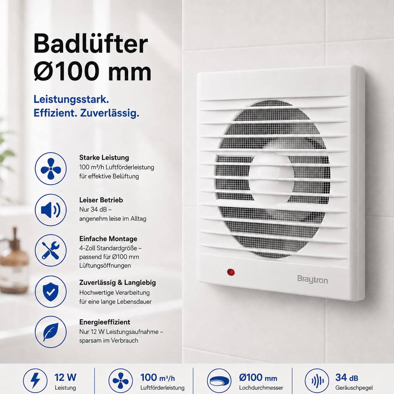 Badlüfter 100 mm | Leiser Badezimmerlüfter mit 12W – Bild 2