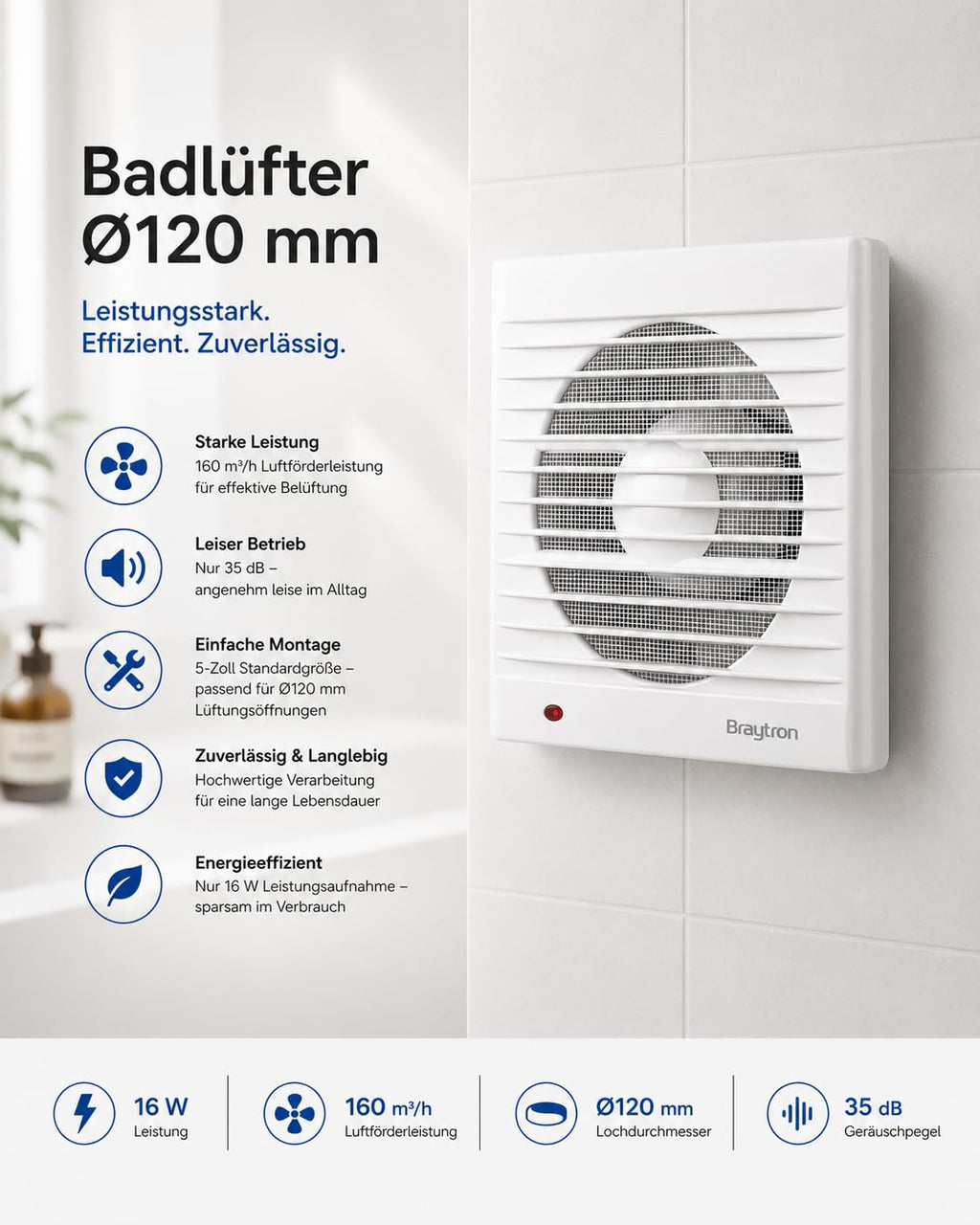 Badlüfter 120mm leise – Wandlüfter 160 m³/h Bad Ventilator 35 dB – Bild 2