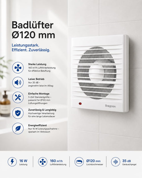 Badlüfter 120mm leise – Wandlüfter 160 m³/h Bad Ventilator 35 dB – Bild 2