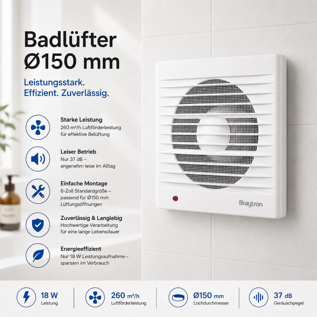 Badlüfter 150mm leise – Wandlüfter 260 m³/h Bad Ventilator 37 dB – Bild 2
