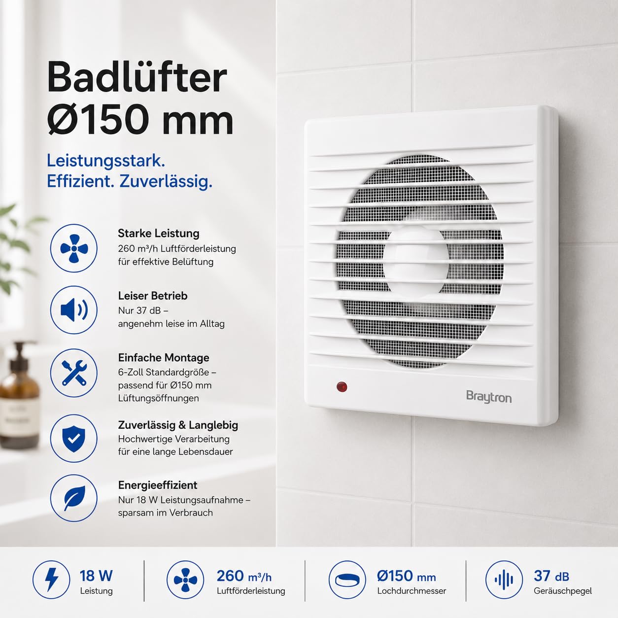 Badlüfter 150mm leise – Wandlüfter 260 m³/h Bad Ventilator 37 dB – Bild 2