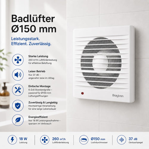 Badlüfter 150mm leise – Wandlüfter 260 m³/h Bad Ventilator 37 dB – Bild 2