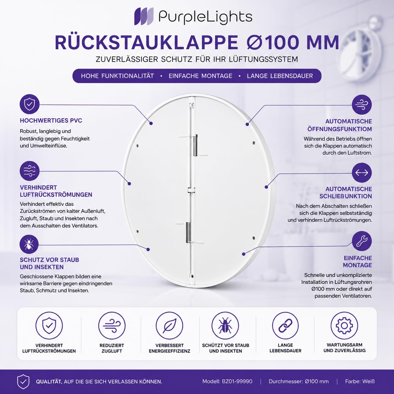 Braytron Rückstauklappe Ø100 mm (4") gegen Zugluft & Gerüche, Weiß – Bild 4