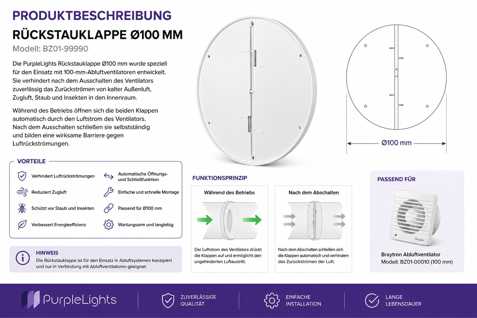 Braytron Rückstauklappe Ø100 mm (4") gegen Zugluft & Gerüche, Weiß – Bild 5