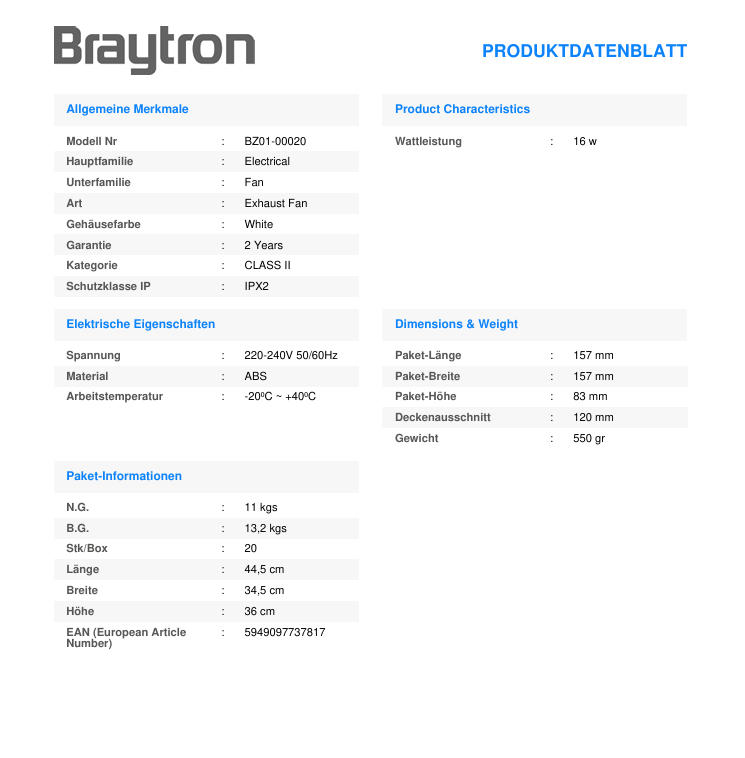 Braytron Badlüfter Ø120 mm Wandlüfter WC Küche Ventilator Leise 35 dB 160 m³/h 16W – Bild 2