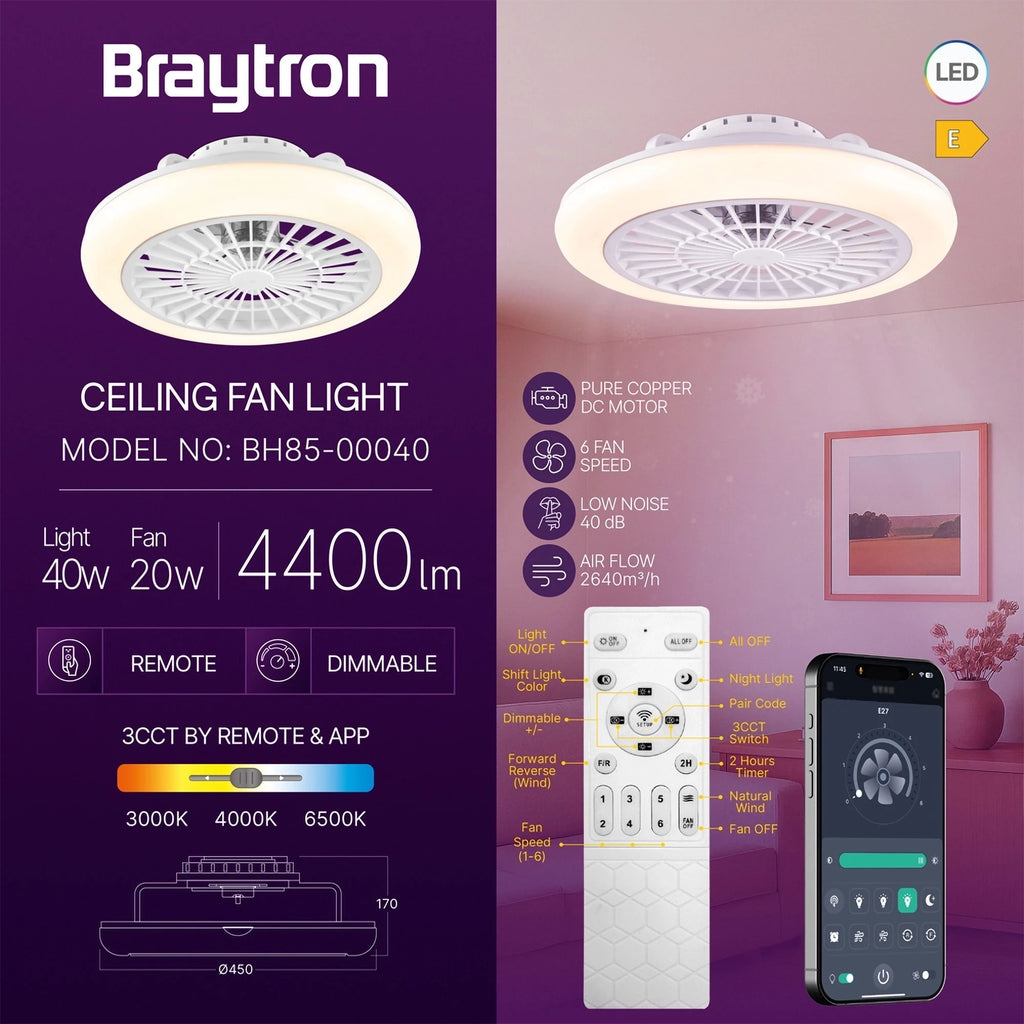 Braytron LED Deckenventilator mit Licht 40W 3200lm 3CCT Dimmbar App Fernbedienung Weiß – Bild 1