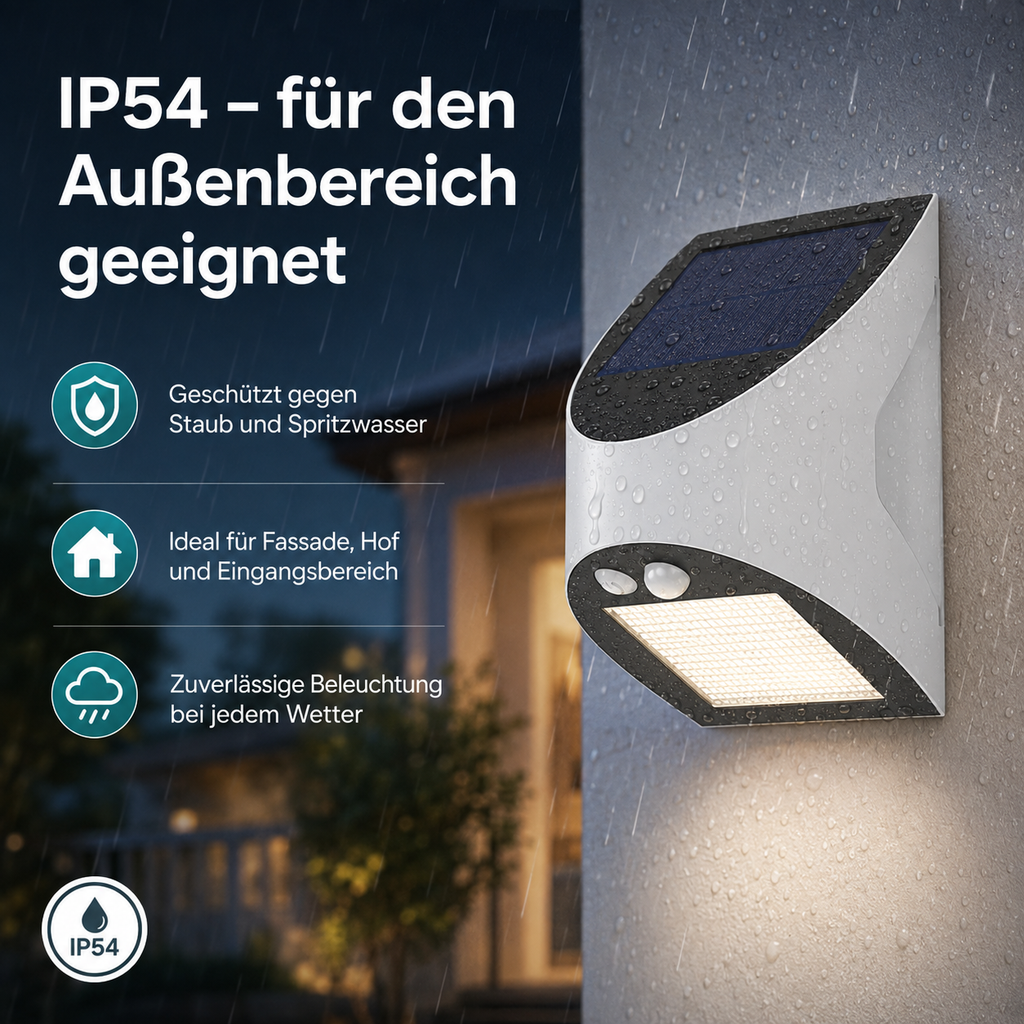 Solar LED Wandleuchte IP54 – geschützt gegen Staub und Spritzwasser für den Außenbereich
