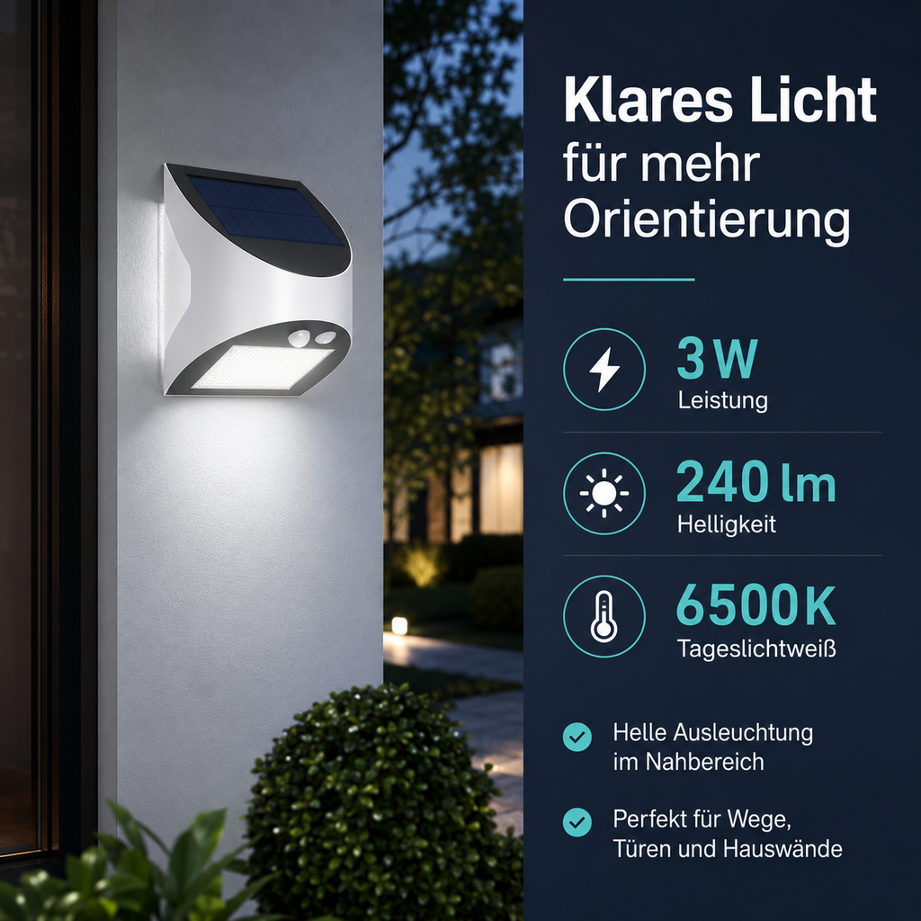 Solar LED Wandleuchte mit 3 W Leistung, 240 Lumen und 6500K Tageslichtweiß an einer Hauswand